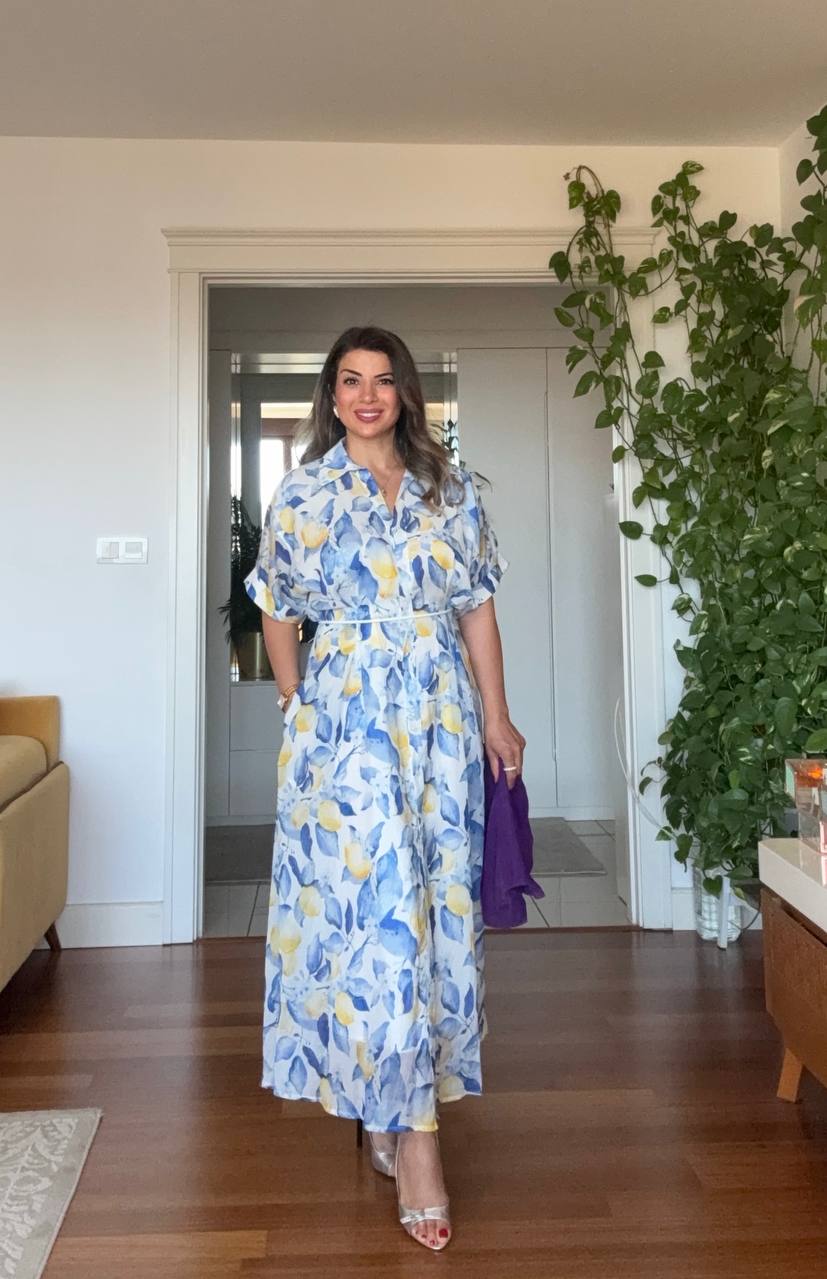LEMON PRINT SHIRT COLLAR MAXI DRESS - BLUE