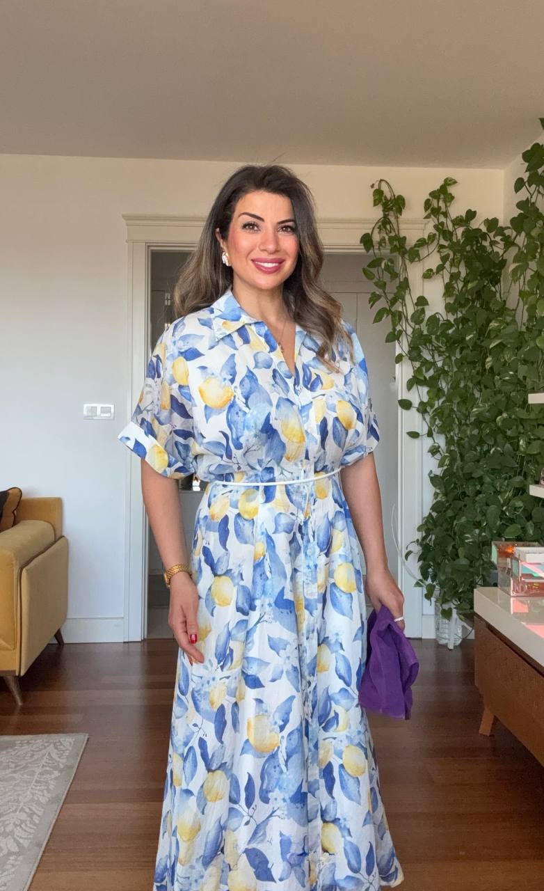 LEMON PRINT SHIRT COLLAR MAXI DRESS - BLUE