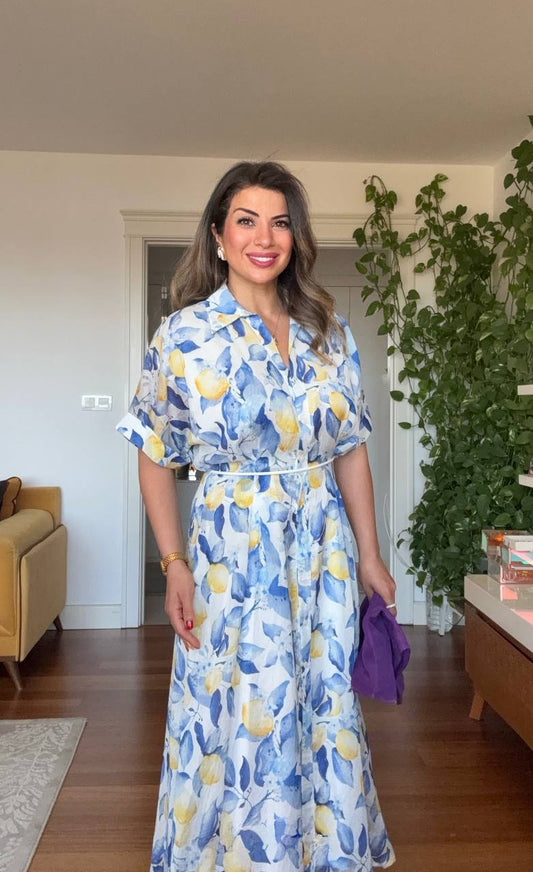 LEMON PRINT SHIRT COLLAR MAXI DRESS - BLUE