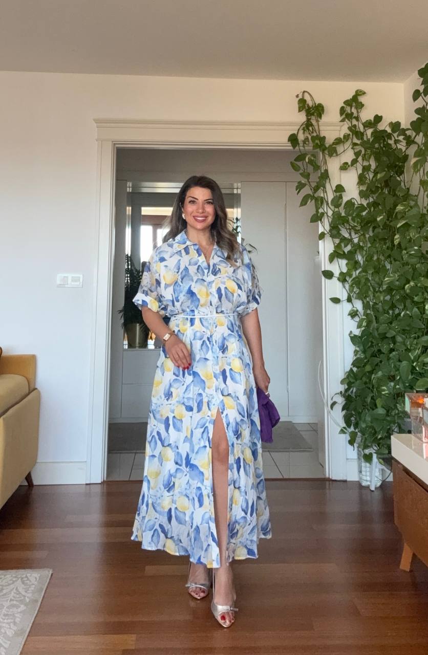 LEMON PRINT SHIRT COLLAR MAXI DRESS - BLUE