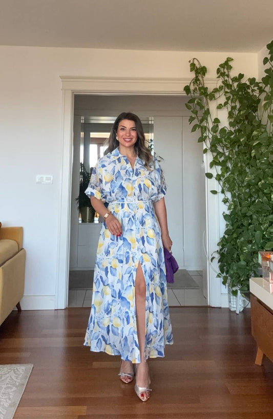 LEMON PRINT SHIRT COLLAR MAXI DRESS - BLUE