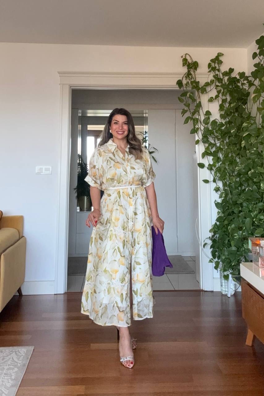 LEMON PRINT SHIRT COLLAR MAXI DRESS - YELLOW