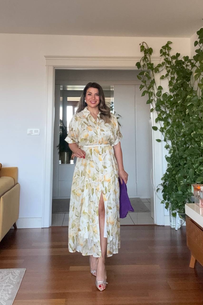 LEMON PRINT SHIRT COLLAR MAXI DRESS - YELLOW