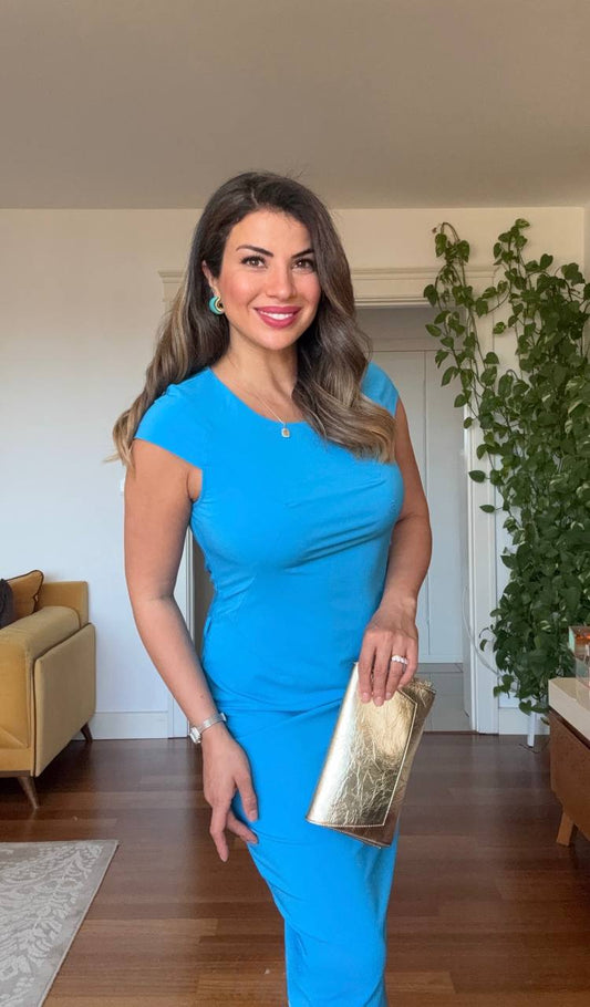 SHORT SLEEVE BODYCON MIDI DRESS – TURQUOISE