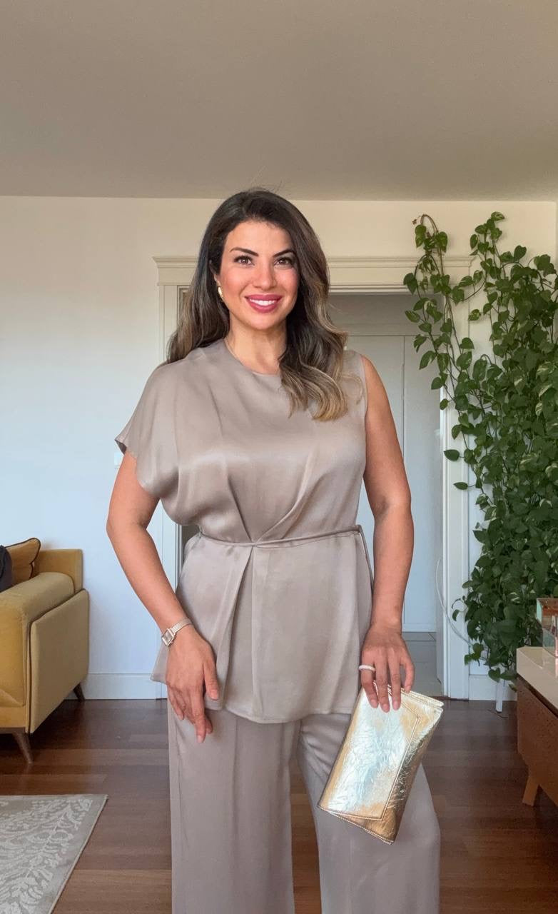 SATIN BELTED BLOUSE & PALAZZO PANTS SET – STONE