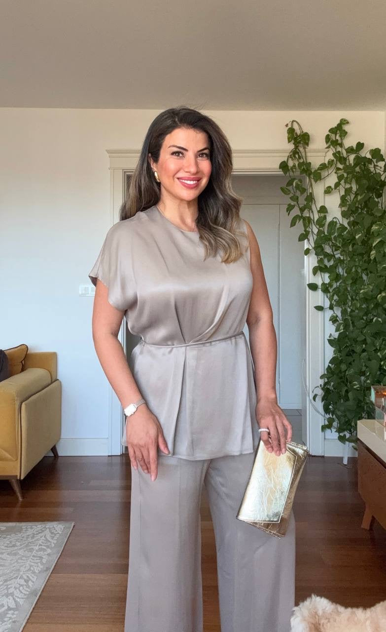 SATIN BELTED BLOUSE & PALAZZO PANTS SET – STONE