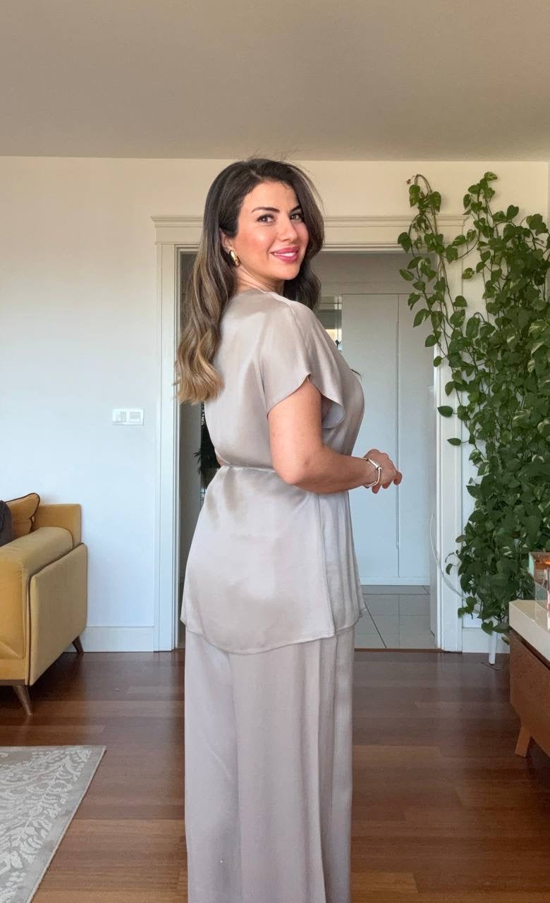 SATIN BELTED BLOUSE & PALAZZO PANTS SET – STONE