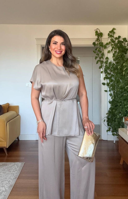 SATIN BELTED BLOUSE & PALAZZO PANTS SET – STONE