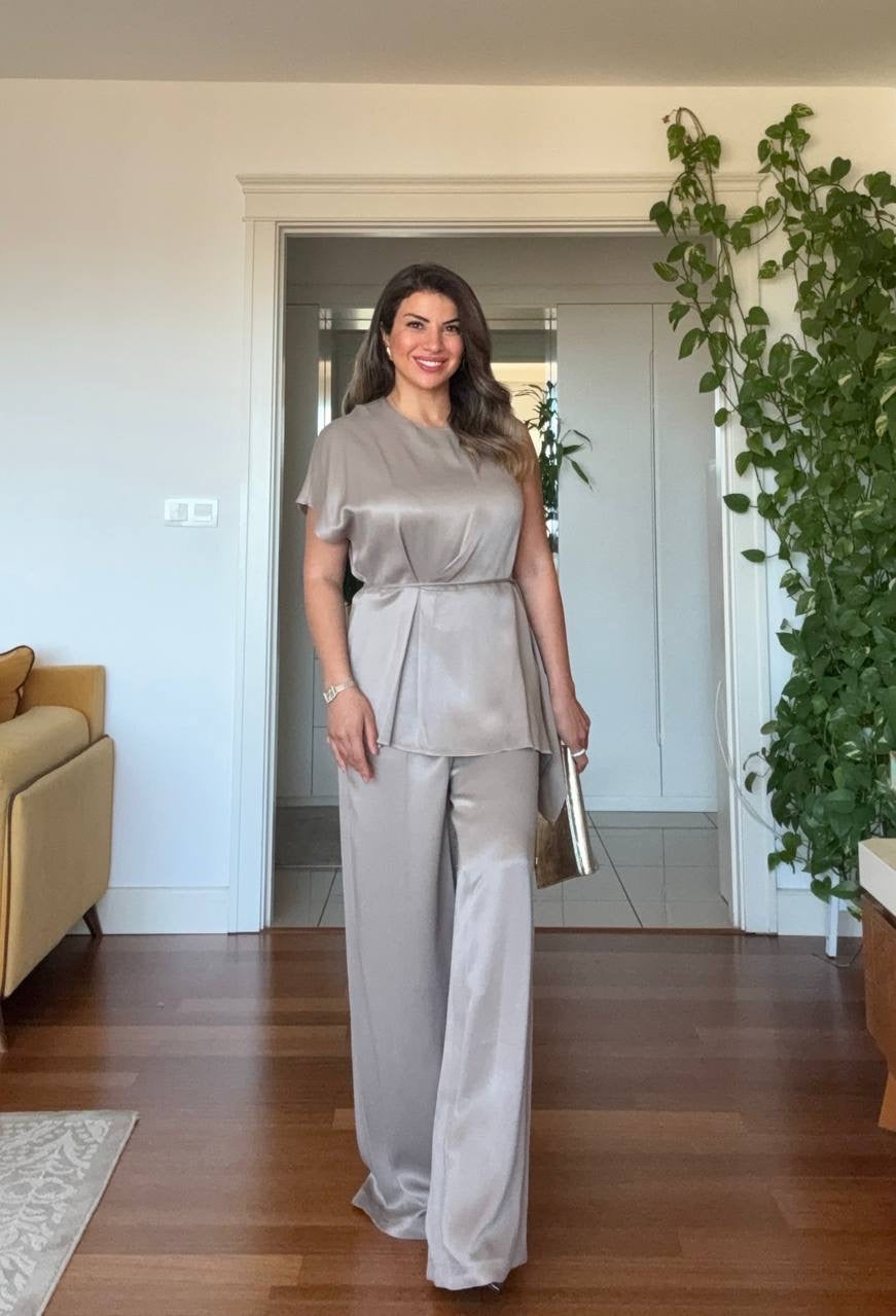 SATIN BELTED BLOUSE & PALAZZO PANTS SET – STONE