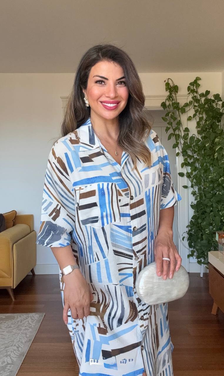 GEOMETRIC PRINT SHIRT DRESS - BLUE