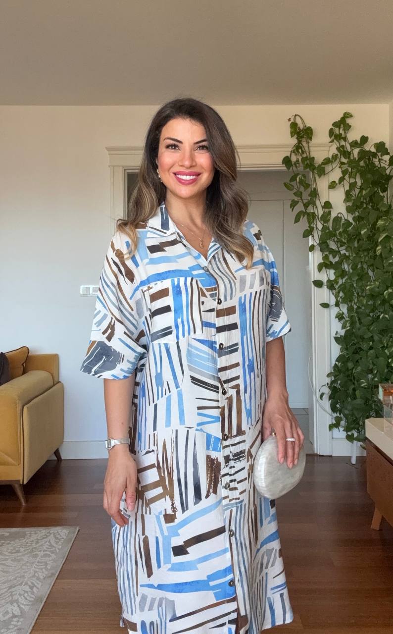 GEOMETRIC PRINT SHIRT DRESS - BLUE