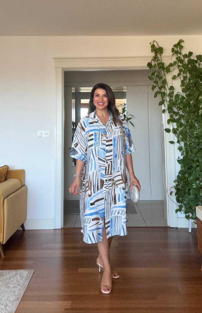 GEOMETRIC PRINT SHIRT DRESS - BLUE