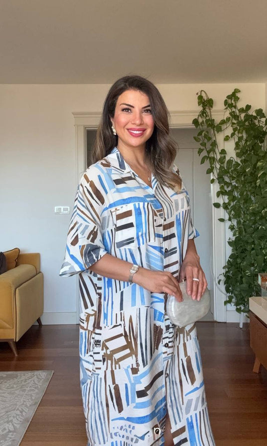 GEOMETRIC PRINT SHIRT DRESS - BLUE