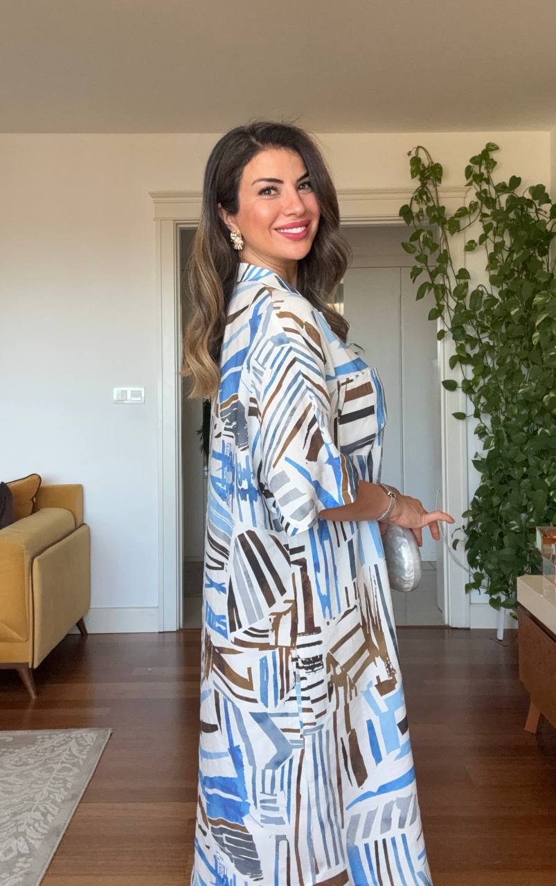 GEOMETRIC PRINT SHIRT DRESS - BLUE