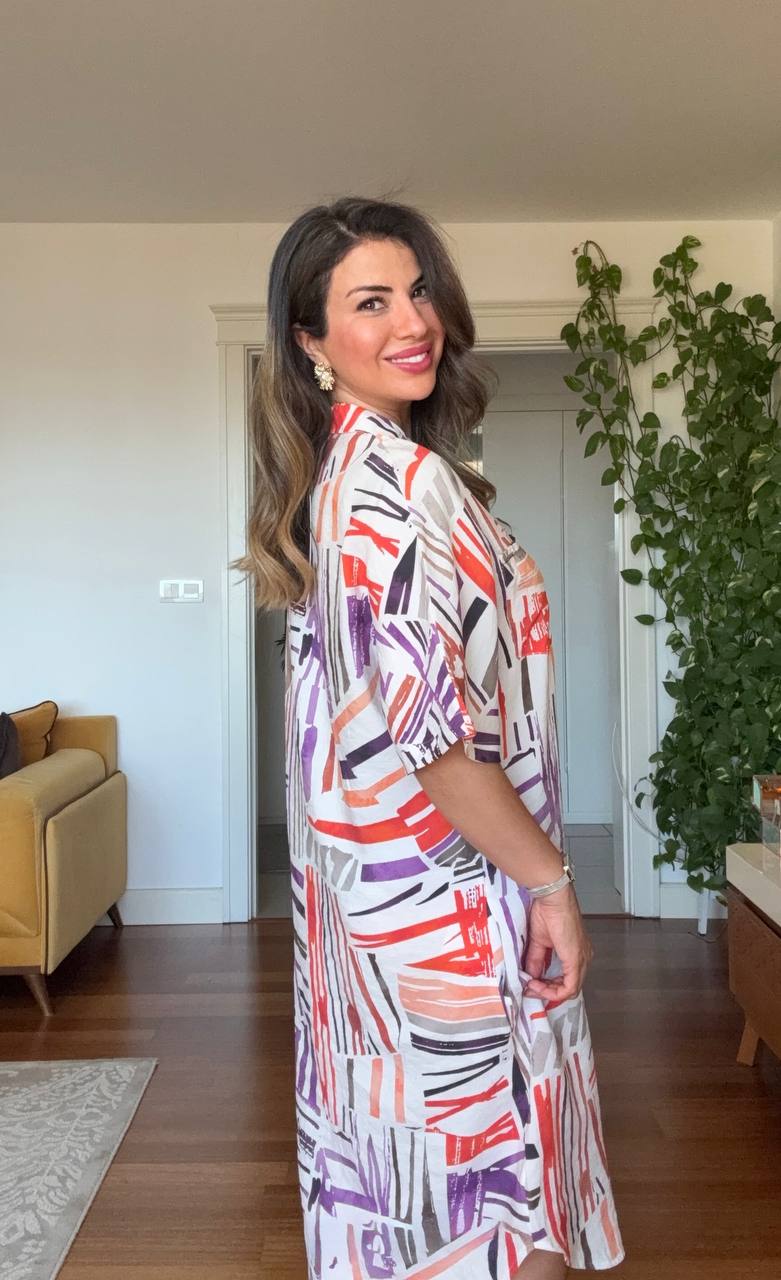 GEOMETRIC PRINT SHIRT DRESS - ORANGE