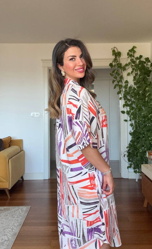 GEOMETRIC PRINT SHIRT DRESS - ORANGE