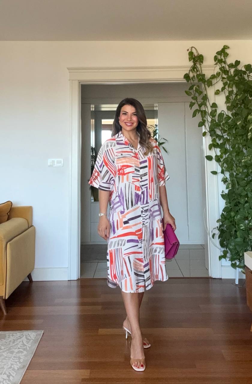 GEOMETRIC PRINT SHIRT DRESS - ORANGE