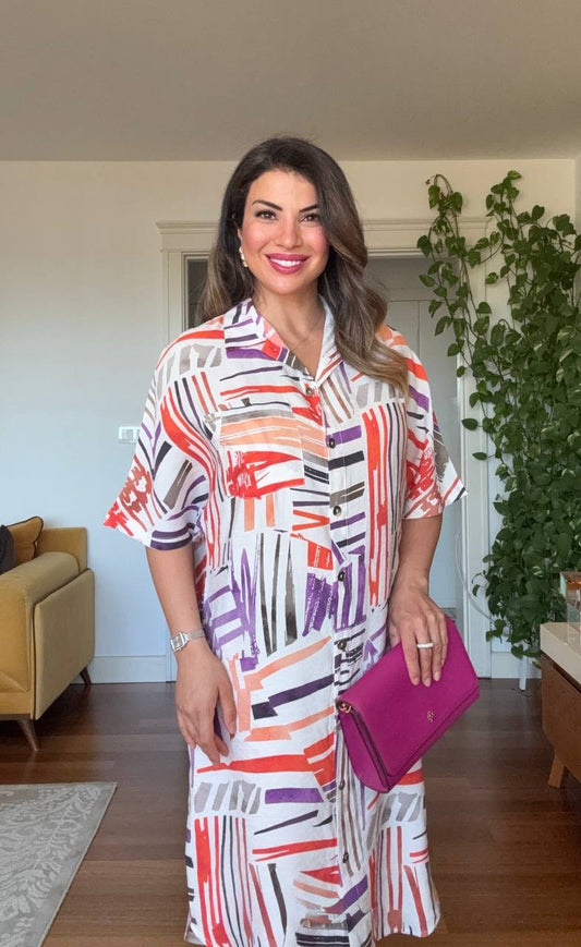 GEOMETRIC PRINT SHIRT DRESS - ORANGE