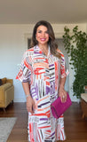 GEOMETRIC PRINT SHIRT DRESS - ORANGE