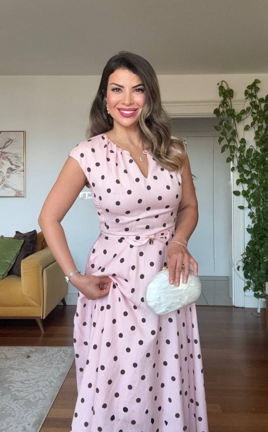 POLKA DOT BELT DETAIL MAXI DRESS – POWDER PINK