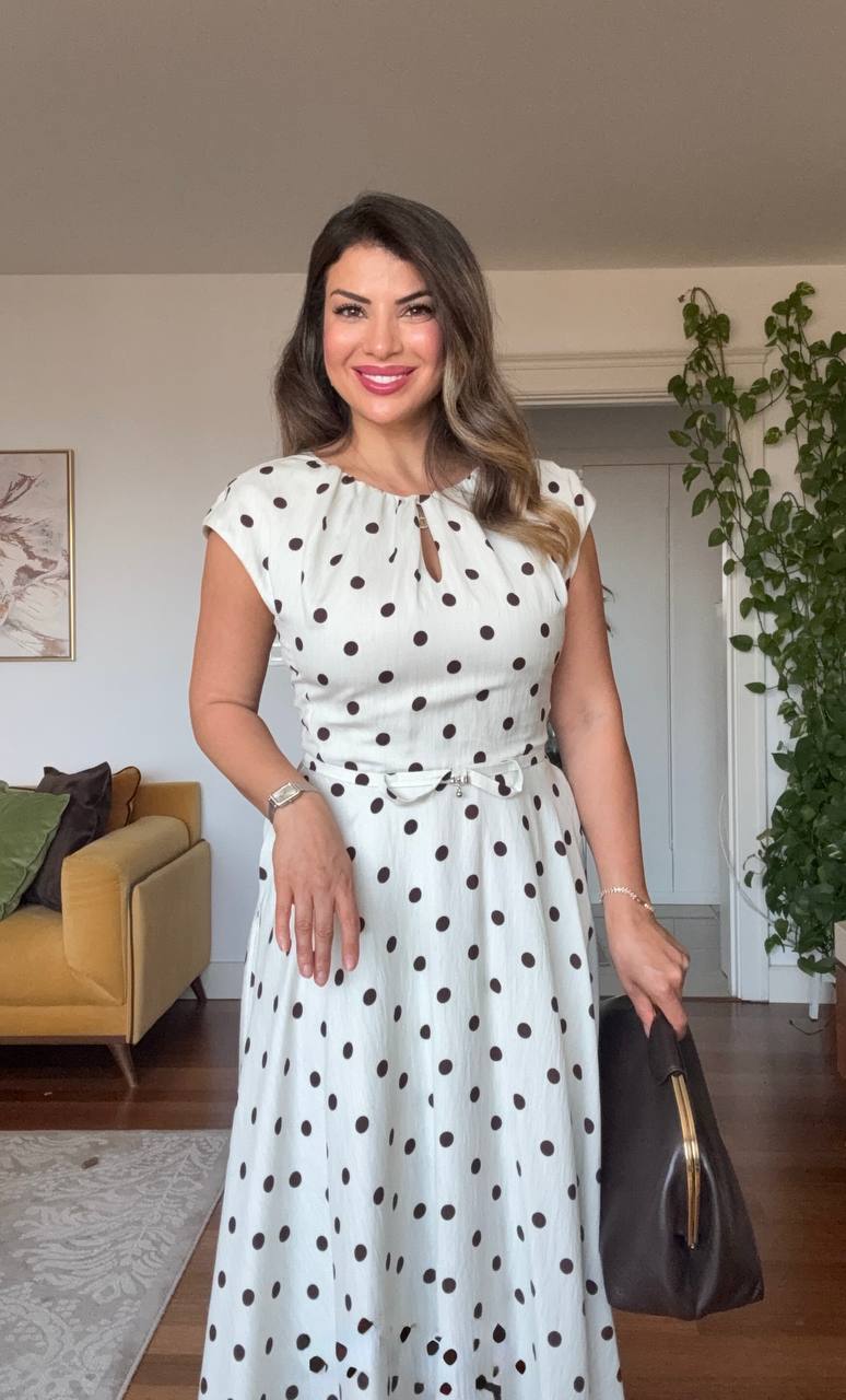 POLKA DOT BELT DETAIL MAXI DRESS – ECRU