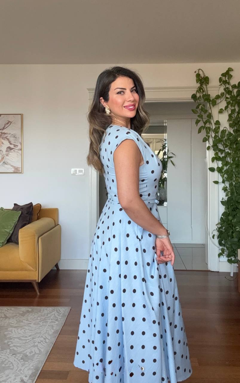 POLKA DOT BELT DETAIL MAXI DRESS – BLUE