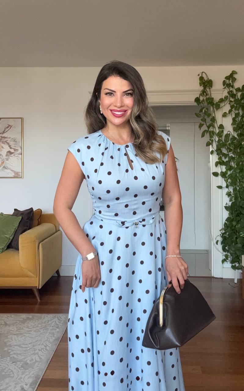 POLKA DOT BELT DETAIL MAXI DRESS – BLUE