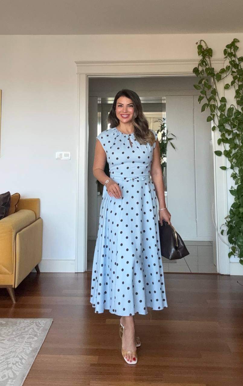 POLKA DOT BELT DETAIL MAXI DRESS – BLUE
