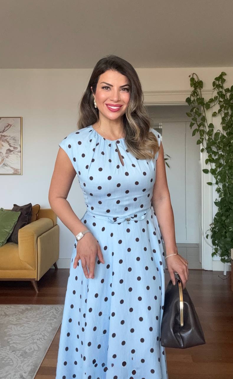 POLKA DOT BELT DETAIL MAXI DRESS – BLUE