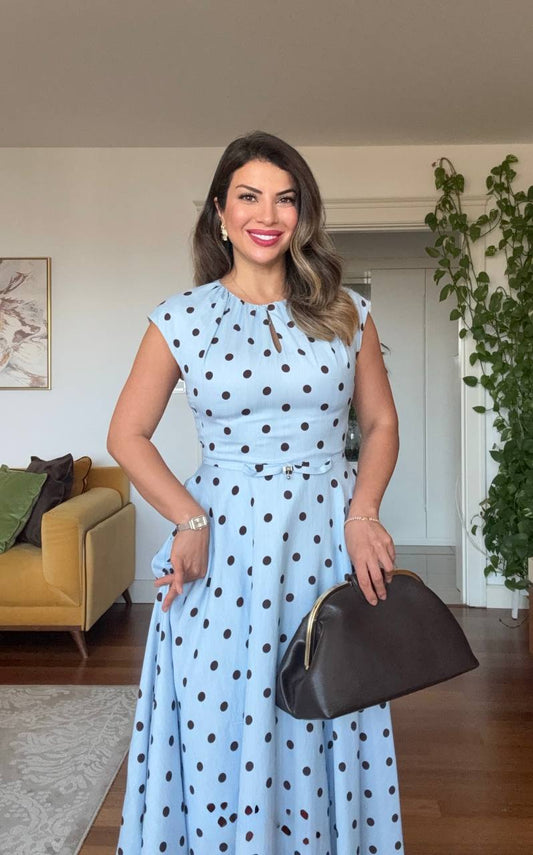 POLKA DOT BELT DETAIL MAXI DRESS – BLUE