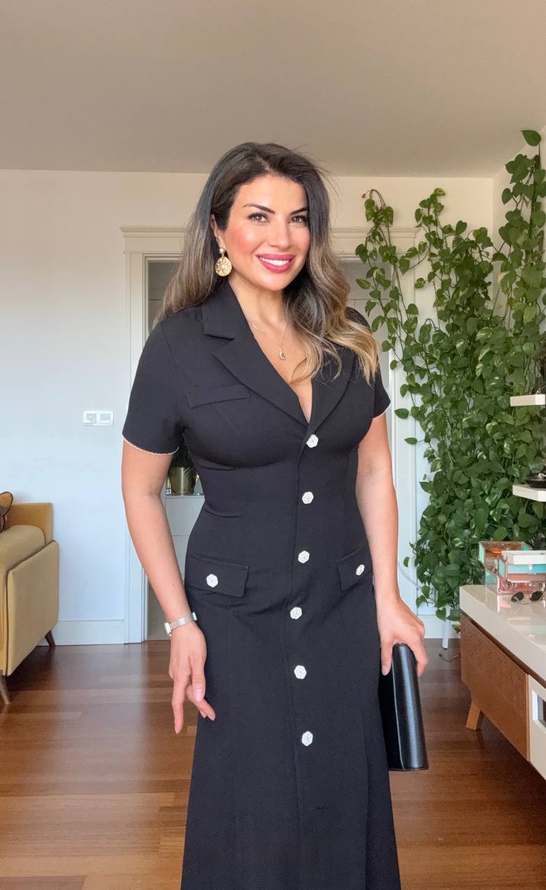 BUTTONED COLLAR MIDI DRESS - BLACK
