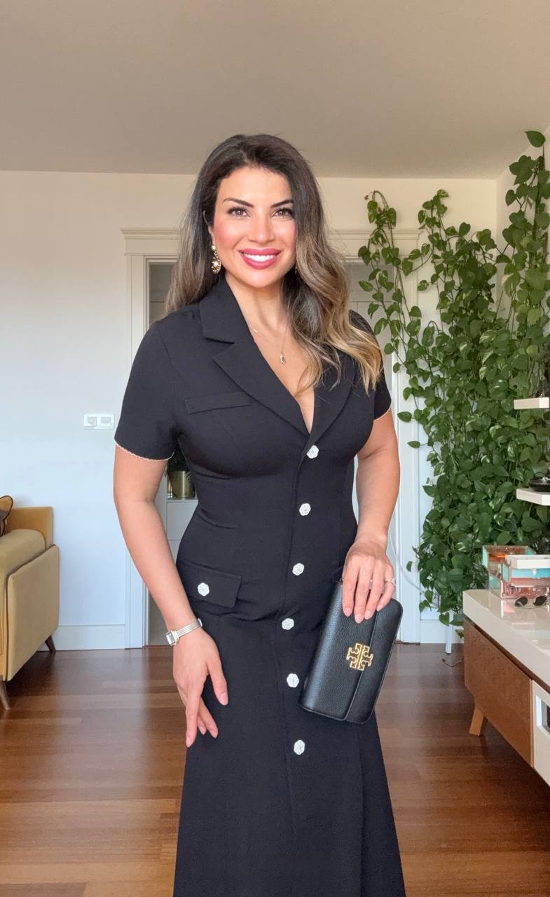 BUTTONED COLLAR MIDI DRESS - BLACK