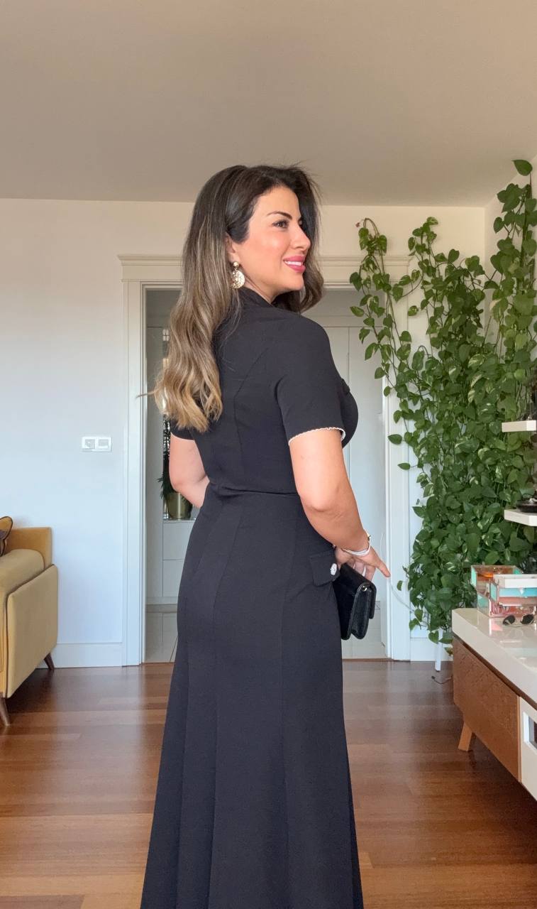 BUTTONED COLLAR MIDI DRESS - BLACK