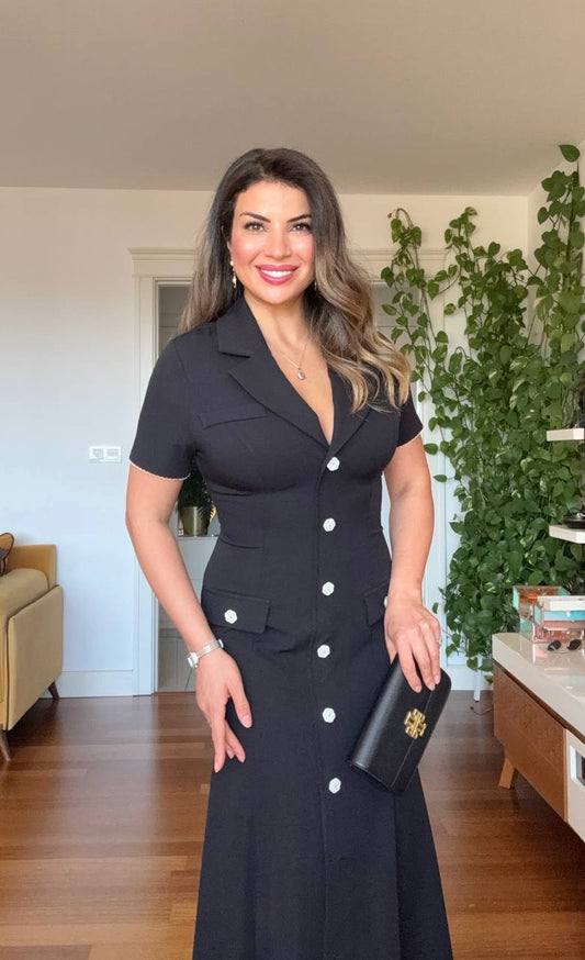 BUTTONED COLLAR MIDI DRESS - BLACK