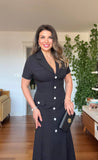 BUTTONED COLLAR MIDI DRESS - BLACK