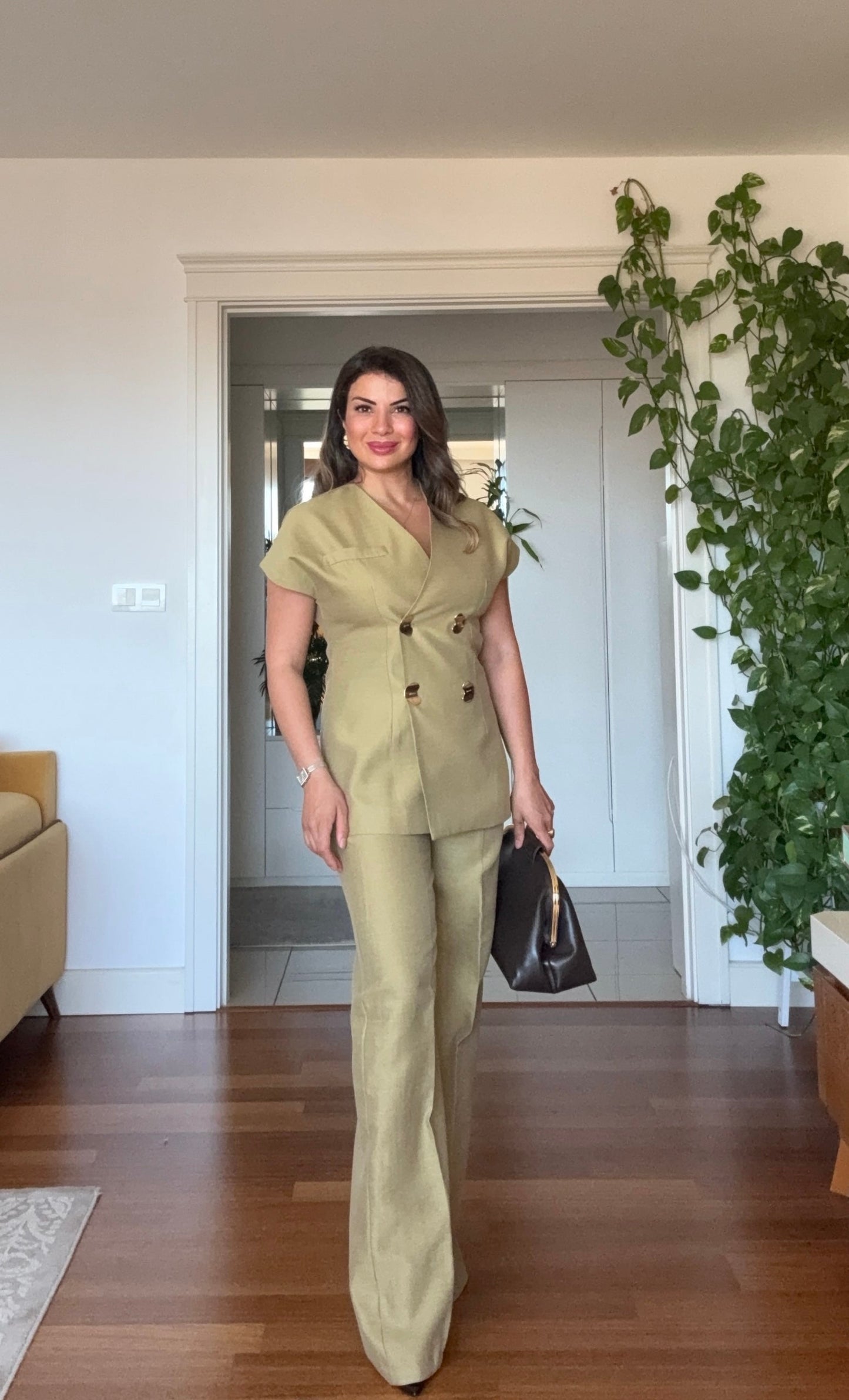GOLD BUTTON DETAILED WRAP VEST & TROUSERS SET – PISTACHIO GREEN