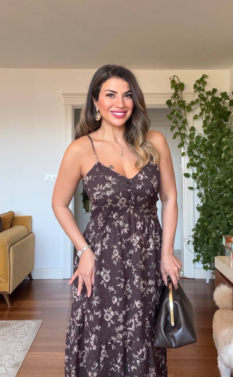 STRAPPY FLORAL MAXI DRESS - BROWN
