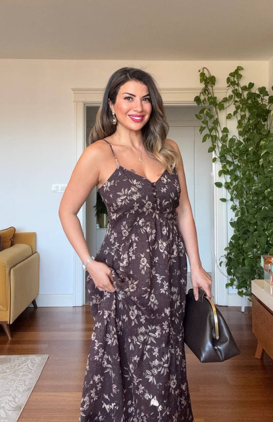 STRAPPY FLORAL MAXI DRESS - BROWN