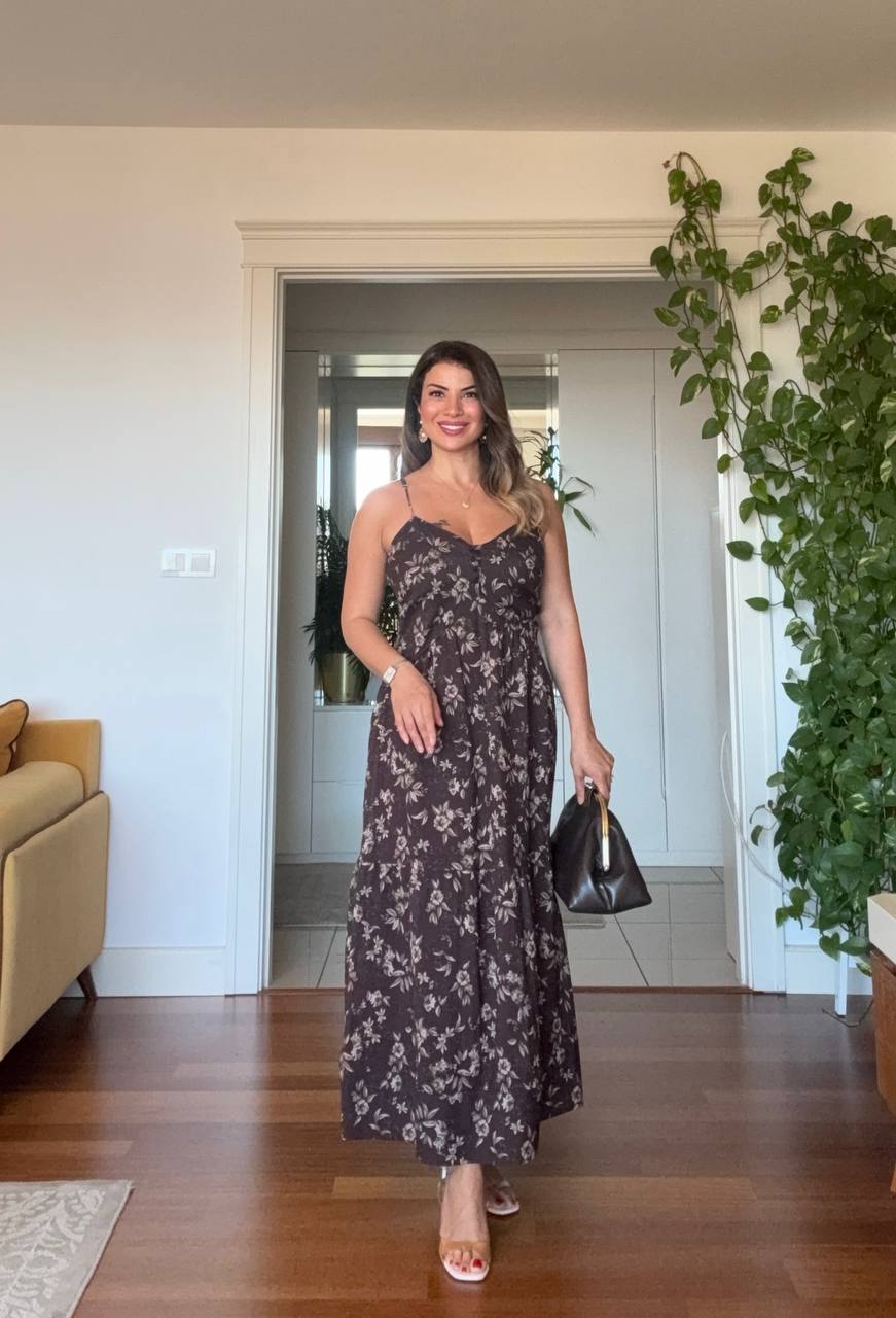 STRAPPY FLORAL MAXI DRESS - BROWN
