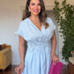 FLORAL EMBROIDERED V-NECK MIDI DRESS - BABY BLUE