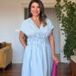 FLORAL EMBROIDERED V-NECK MIDI DRESS - BABY BLUE