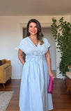 FLORAL EMBROIDERED V-NECK MIDI DRESS - BABY BLUE