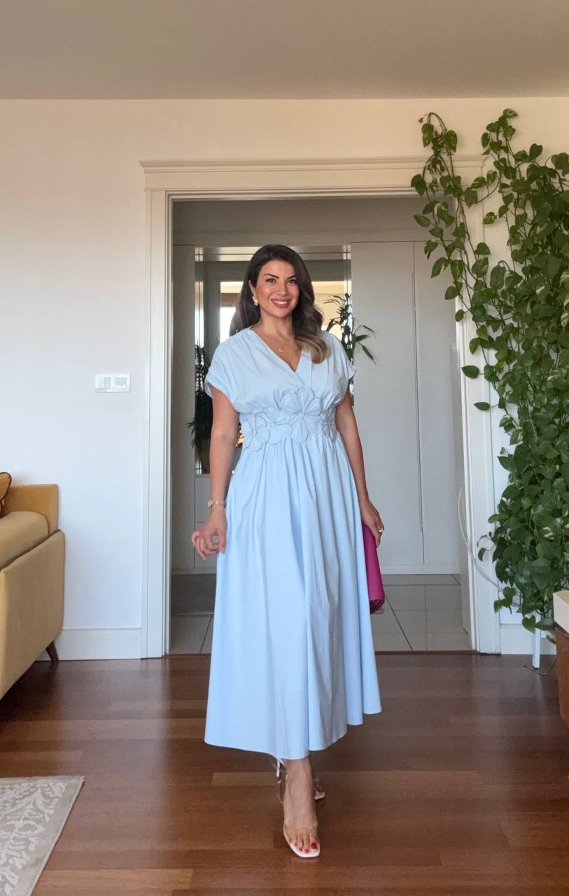 FLORAL EMBROIDERED V-NECK MIDI DRESS - BABY BLUE
