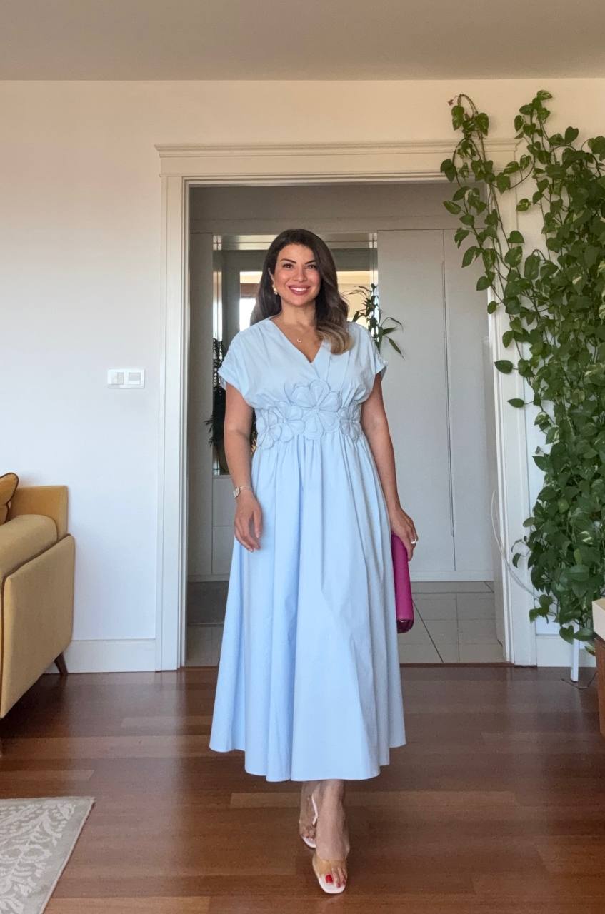 FLORAL EMBROIDERED V-NECK MIDI DRESS - BABY BLUE