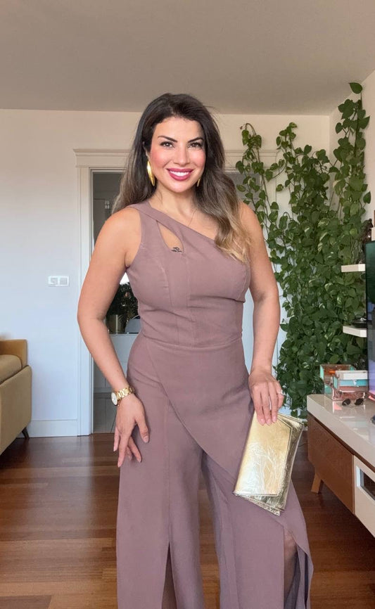 ASYMMETRIC CUTOUT WIDE LEG JUMPSUIT – CHOCOLATE BROWN
