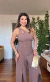 ASYMMETRIC CUTOUT WIDE LEG JUMPSUIT – CHOCOLATE BROWN