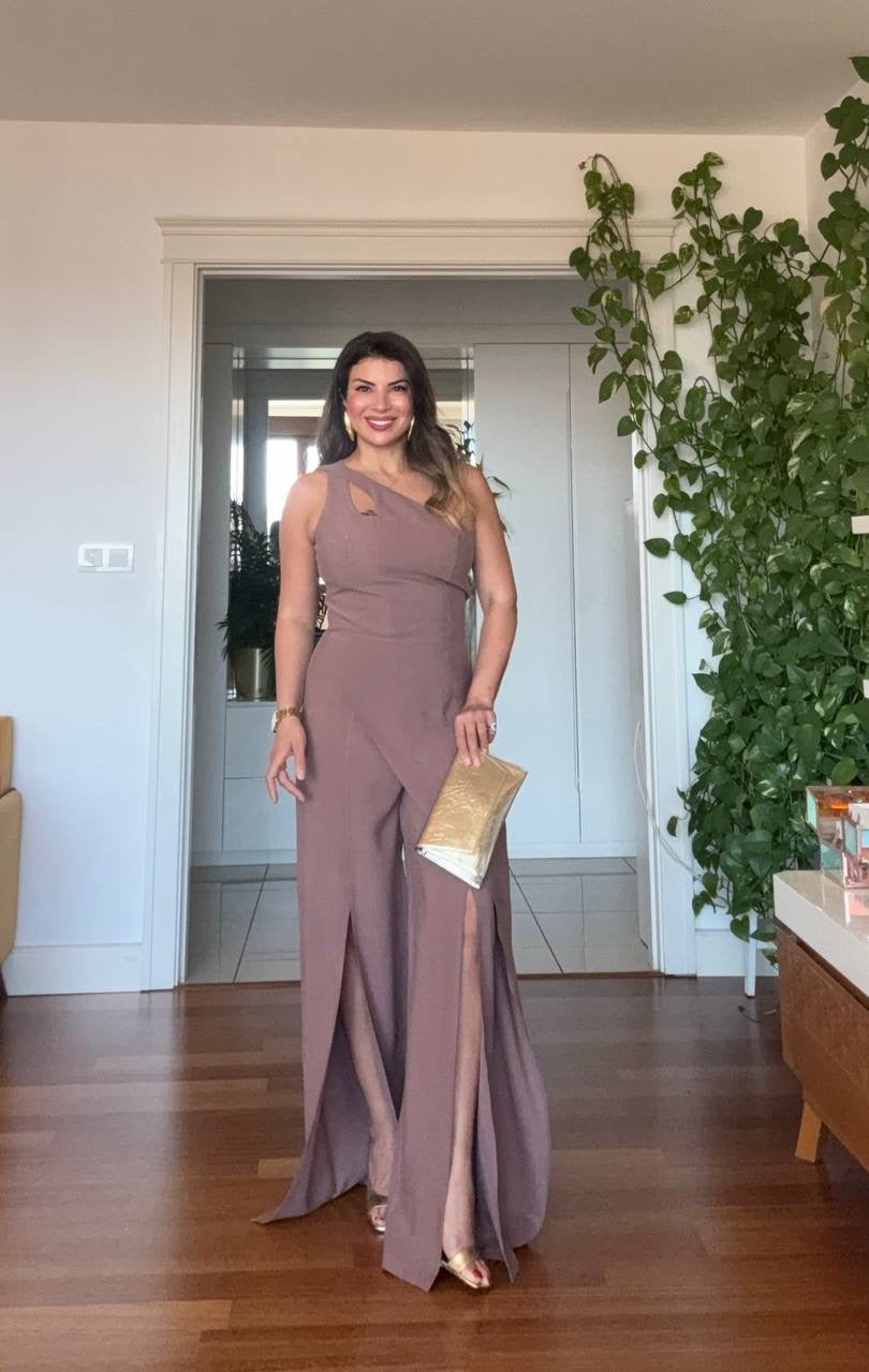 ASYMMETRIC CUTOUT WIDE LEG JUMPSUIT – CHOCOLATE BROWN