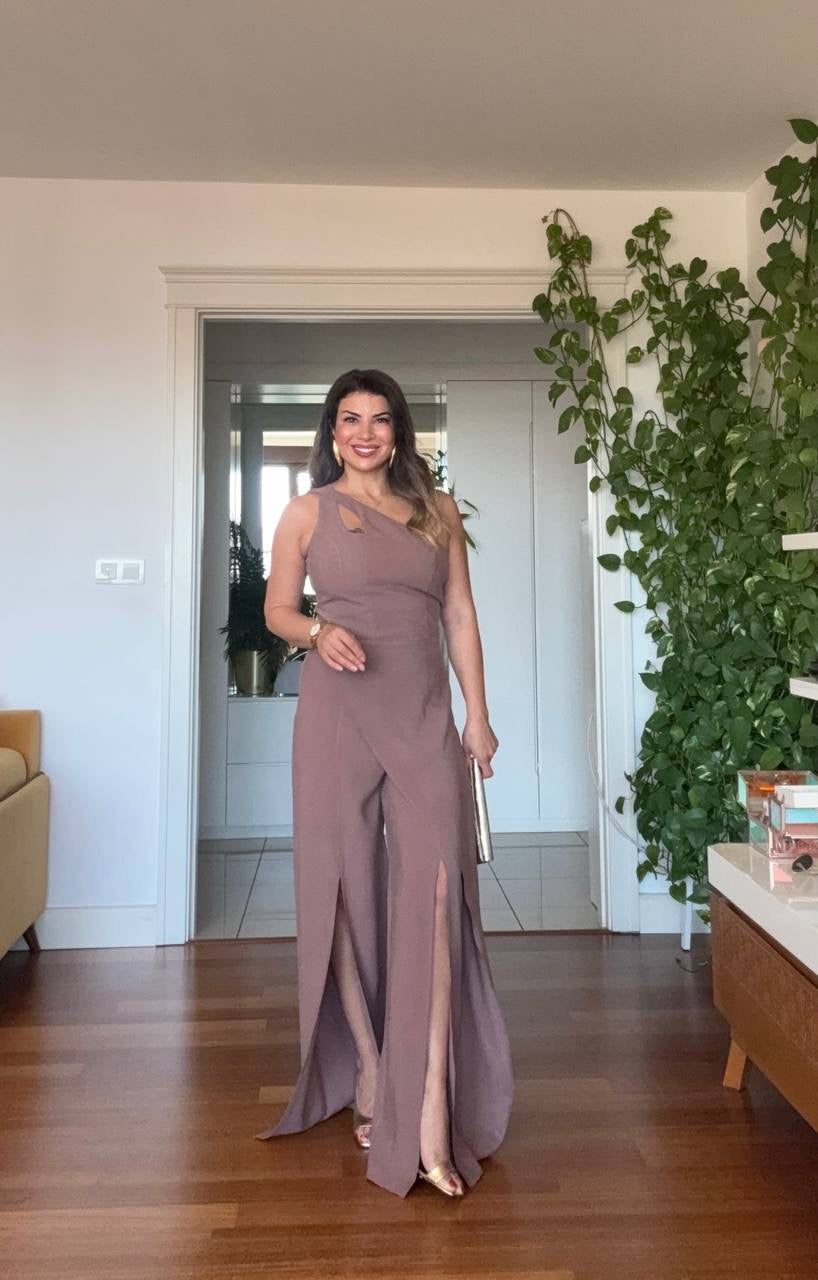 ASYMMETRIC CUTOUT WIDE LEG JUMPSUIT – CHOCOLATE BROWN