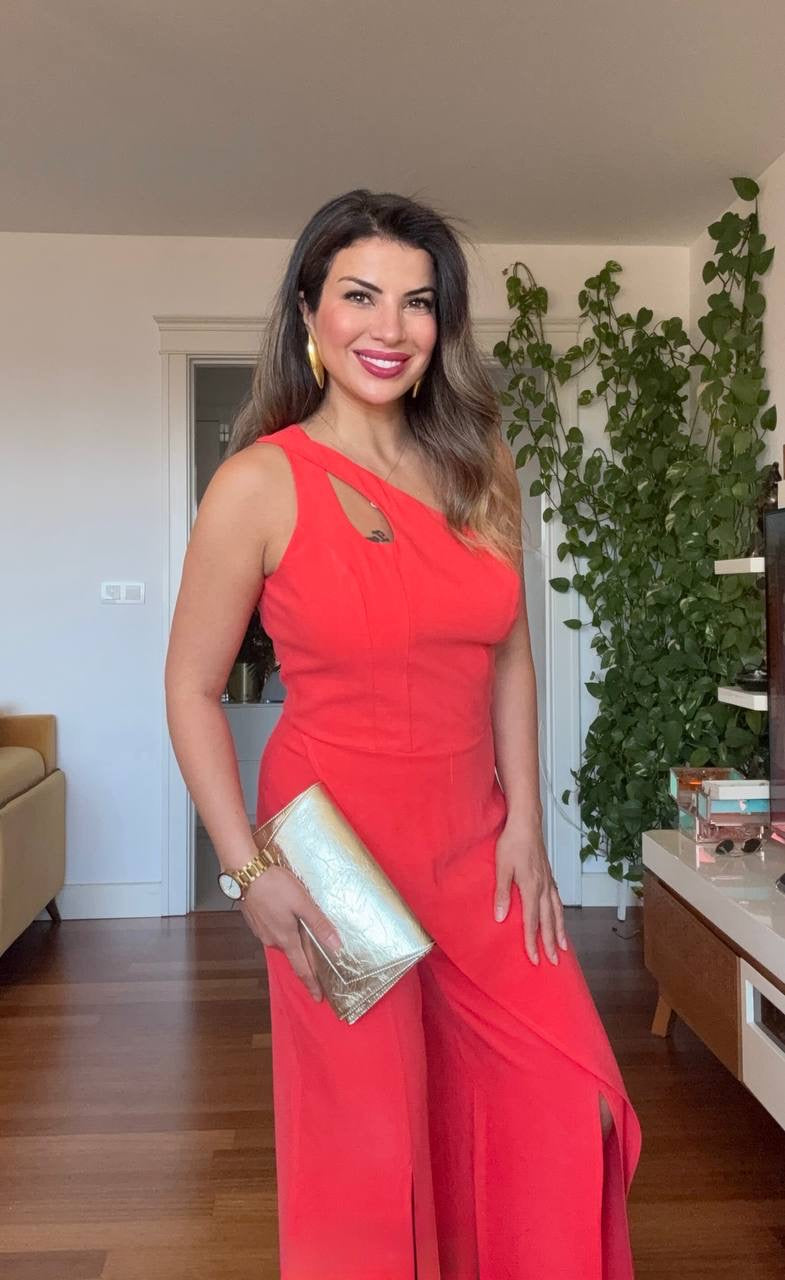 ASYMMETRIC CUTOUT WIDE LEG JUMPSUIT – CORAL RED