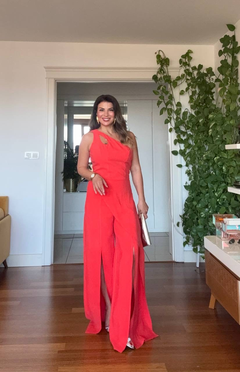 ASYMMETRIC CUTOUT WIDE LEG JUMPSUIT – CORAL RED